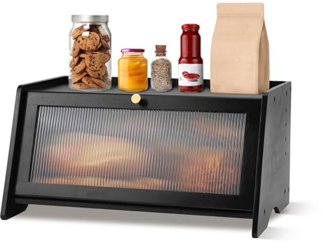 ZZBIQS Bread Bin Bamboo Bread Storage Box for Kitchen, Large Capacity Wooden Breadbox Holder Containers Organizer with Striped Window Door Panel for Countertop (Black)