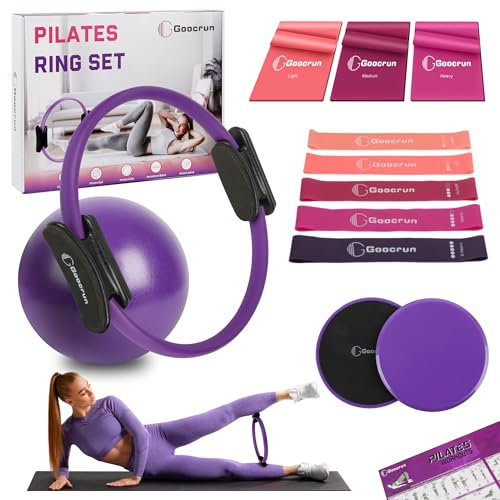 Goocrun Pilates Ring Set Exercise Equipment with Exercise Bands Resistance Bands Set, Pilates Ball, Sliding Disks – Workout Equipment Home Gym Includes Complete Fitness Poster (Lila)