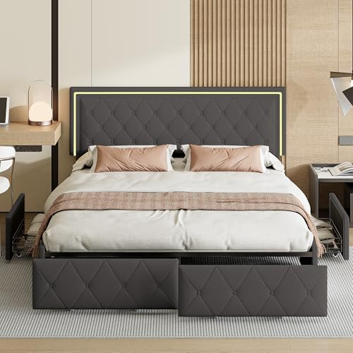 BRILVERDE Polsterbett 160x200 mit LED, Doppelbett mit Verstellbares Kopfteil, Stauraumbett mit 4 Schubladen, Jugendbett Bettgestell mit Lattenrost, für Erwachsene, PU (Schwarz, 160 x 200 cm)