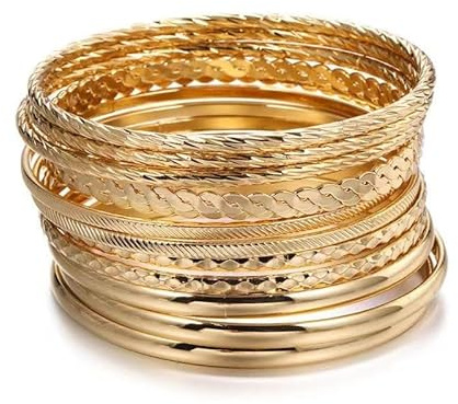 Yeesabella 12PCS Gold Bangle for Women,Indian Bangles, Stacking Layered Boho Bracelets, Indian Jewellery Collection Set for Bridal Wedding Party