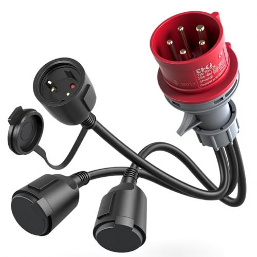 AIFIZO CEE Starkstrom Verteiler, 400V 16A auf 3X 230V Adapter Starkstrom, Starkstrom Adapter 400V auf 230V 16A Verteiler für Camping, Boot, Caravan, IP44, 3x1.5mm²