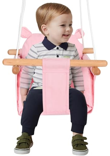 Balançoire Suspendue, Siège en Toile, Cadre en Bois Massif, Corde réglable, Balançoire Bébé de 6 à 36 Mois, capacité de Charge de 25kg (Rose)
