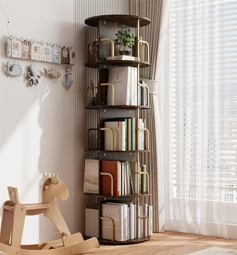 Manora Drehbares Bücherregal Braun, Rundes 360° Stehregal aus E1-Holz, 5 Ebenen (156 cm Hoch), Platzsparendes Bücherregal mit Mittelsäule & Anti-Kippschutz für Wohnzimmer, Kinderzimmer und Home-Office | Freistehendes, drehbares Bücherregal aus Holz der Güteklasse E1 für Schlafzimmer, Wohnzimmer und kompakte kleine Büroräume