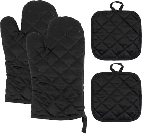 RoxNvm Oven Gloves, 1 Oven Mitts Pair and 2 Potholders, Heat Resistant Oven Mittens, Thick Safe, Black Oven Gloves for Men Women Kitchen Cooking Dessert Making BBQ Protection of Hands
