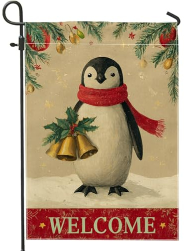 Bandera de jardín de pingüino, campanas de acebo festivas de invierno, arpillera roja, banderas decorativas de doble cara para exteriores, patio, césped, porche, entrada, camping, 12 x 18 pulgadas