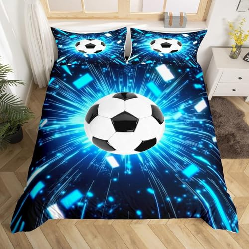 BJCJGGL Parure de Lit 220x240 Adulte Ballon De Foot Bleu Housse de Couette 2 Personnes avec Fermeture Éclair et 2 Taie d'oreiller 65x65 cm - Doux Respirant Microfibre Housse de Couette