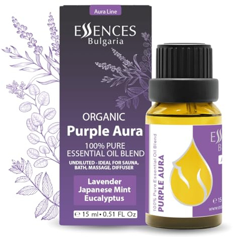 Essences Bulgaria Purple Aura Mélange d'huiles essentielles biologiques 15 ml | Lavande, menthe japonaise, eucalyptus | Aromathérapie, sauna et spa | 100% pur et naturel | Non dilué