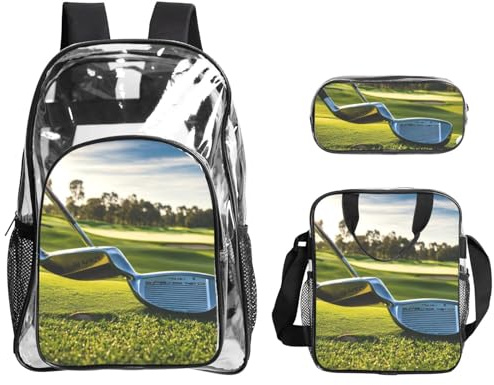 GUOLGP Zaino trasparente con stampa di mazze da golf, per donne, ragazze, bambini, adolescenti, 3 pezzi, borsa trasparente da viaggio all'aperto