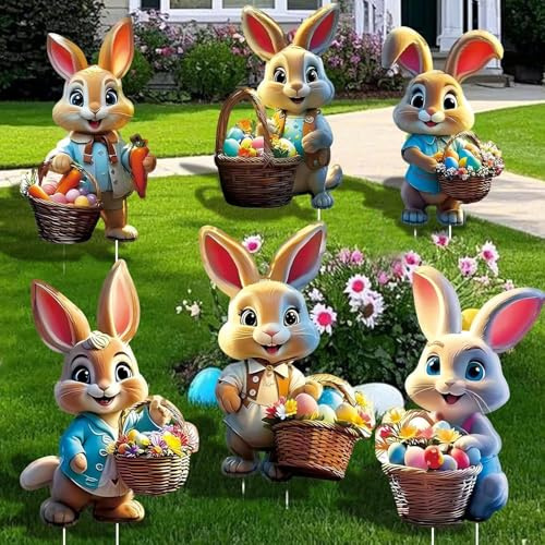 6 Stück Osterhasen Gartenstecker, 2D Ostern Werbeschilder,Groß Osterdeko Outdoor,Generisch Osterdeko Outdoor Für Garten, Rasen, Yard Dekoration（35 cm）