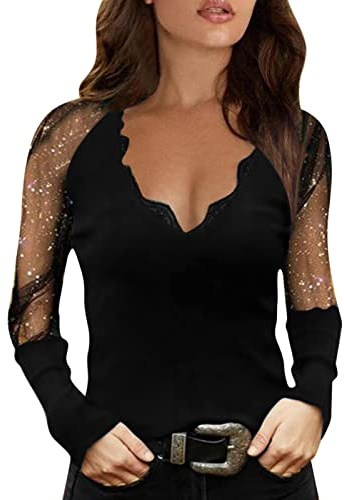 Générique Haut Femme Modèle Élégant en Dentelle avec Col en V Creux et Manches Longues T-Shirt Transparentes Décontractée Festival Blouse Décontractée Couleur Unie Respiration Shirt