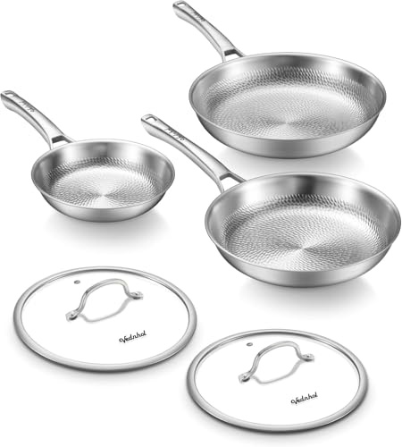 SNOWCLAD Titan Pfanne Pfannenset 3-teilig mit 2 Deckel, Titan Pfanne Unbeschichtet, Bratpfanne für Induktion, PFOA/PFAS/PTFE frei, Spülmaschinen& Ofenfest