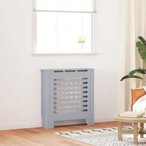 Kaloriko Revêtement de radiateur en MDF gris 78 cm, 78 x 19 x 81,5 cm, avec design à lattes, surface d'étagère pour salon, couvercle de chauffage économe en énergie, accessoire de radiateur moderne