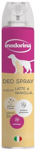 Inodorina, Deo Spray hunddeodorant med uppfriskande och hygieniserande åtgärder, neutraliserar dålig lukt och skyddar håret, perfekt efter grooming, vaniljmjölk parfym, 300 ml