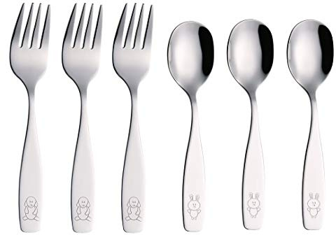 ANNOVA Kids Silverware 6 Pieces Children's Safe Flatware Set Stainless Steel - 3 x Forks, 3 x Children Dinner Spoons, Toddler Utensils, Metal Cutlery Set for LunchBox (Engraved Dog Bunny)