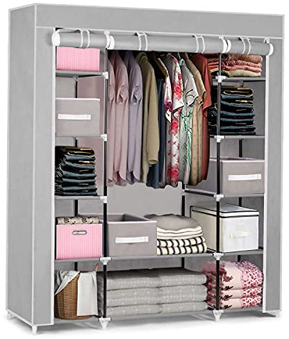 Massido Mobiler Textil Kleiderschrank Stoffschrank Faltschrank Textilschrank Gaderobe Schubladen XXL (Hellgrau)