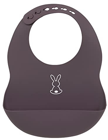 Nattou Bavaglino in silicone con vaschetta di raccolta, coniglietto, misura regolabile, senza BPA, ca. 20 x 27 cm, silicone, grigio