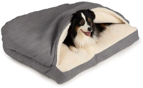 Snoozer Rectangle Cozy Cave Dog Bed - Indoor Dog Bed with Cover Cave, Covered Calming Burrow for Medium & Large Sized Pets with Blanket Attached, Enclosed, Washable Cover - Large, Heather Gray