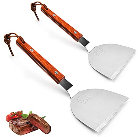 Spatule BBQ 2 pièces Spatule à Gril Spatule Barbecue Plancha Barbecue Plate Spatule en Acier Inoxydable avec Manche en Bois Spatule de Cuisine pour Grillades Teppanyaki Burger Steak (2 Tailles)
