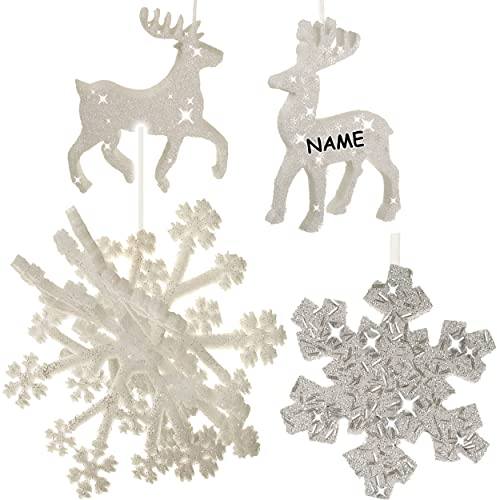 alles-meine.de GmbH 4 Stück große 3D Effekt - XL - Schneeflocken & Rentiere/Hirsche - inkl. Name - Ø 25-30 cm - mit Glitzer & Glimmer - zum Aufhängen - Styropor - Deko Set ..