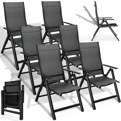 tillvex® Gartenstuhl Hochlehner 6er Set klappbar mit Armlehnen Wetterfest | Klappstuhl 7-fach Verstellbar | Campingstuhl Klappbar & Atmungsaktiv | Gartenstühle Balkon Terrasse Aluminium