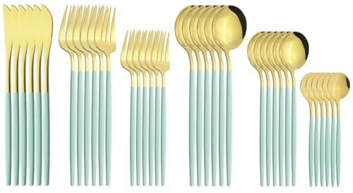 GeRnie 36 pezzi colorati posate stoviglie coltelli forchette da dessert cucchiaio da caffè set di posate argenteria in acciaio inossidabile set da tavola for feste (Color : Mint Gold)