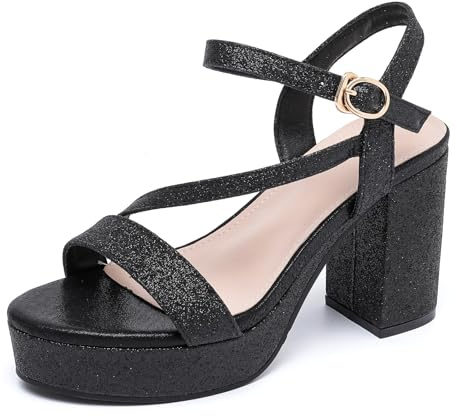DADAWEN Femmes Plate-Forme Chunky Bride de Cheville Sandales à Talons Sexy Dress Chaussures 8.5 CM Heels Noir 40