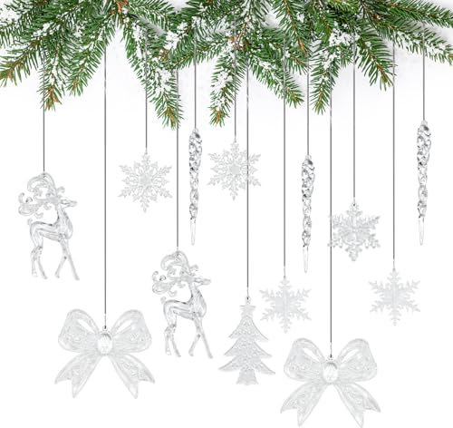 NAROSEBE 50 Stück Schneeflocken Deko Acryl Weihnachtsbaum Deko Schneeflocken Anhänger Christbaumschmuck Eiszapfen Weihnachtsbaumschmuck Schneeflocke Ornamente Anhänger Deko für Weihnachten Dekoration