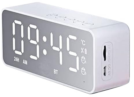 Asixxsix Réveil avec Haut-Parleur Bluetooth avec Radio FM, Horloge LED Miroir, Horloge Numérique avec Haut-Parleur Bluetooth, Affichage de la Température et Double Alarme pour la Maison,