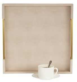 Sagala 16”x16 Ivory Shagreen Leather Serving Tray with Brushed Gold Handles, Wooden Decorative Tray for Ottoman Coffee Table Bathroom Vanity Buffet (Ivory-Gold, Square 16)