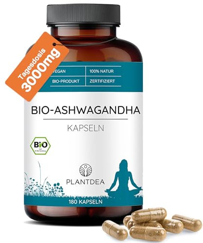 PlantDEA Bio Ashwagandha Kapseln I 3000mg Tagesdosis I hochdosierte 180 Ashwagandha-Kapseln I laborgeprüft I Bio Ashwagandha Pulver I Ohne Zusätze