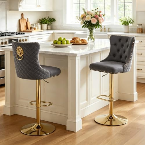 Chummaven Samt Barhocker höhenverstellbar 2er Set goldene Barstuhl Grau | Drehbar, gepolstert, mit Lehne Fußstütze Metallgestell, Löwenkopf-Ring, Küchenhocker Tresenhocker für Kücheninsel, Hausbar