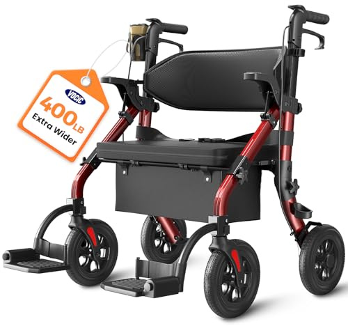 VOCIC Walkers for Seniors Z59, 2 in 1 Walker Wheelchair Combo, 400 LBS Weight Capacity, 10 All Terrain Rollator with Extra Wide Seat & Backrest, Heavy Duty Rollator with Cup Holder