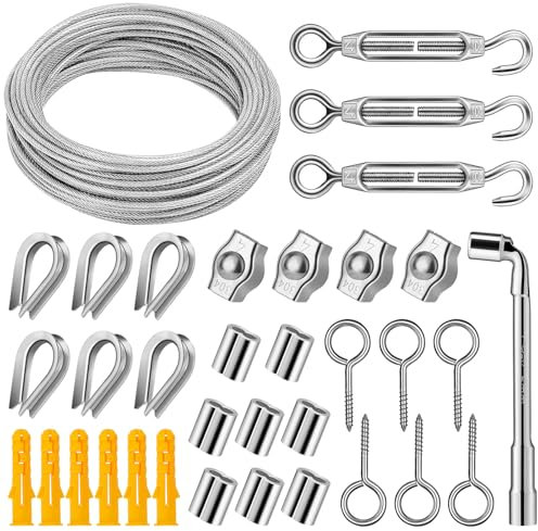 DIYLAND Set di funi metalliche in acciaio inox da 3 mm, 20 m di filo di tensione rivestito in PVC con tendifilo per piante rampicanti, stendibiancheria, recinzione e giardinosicurezza