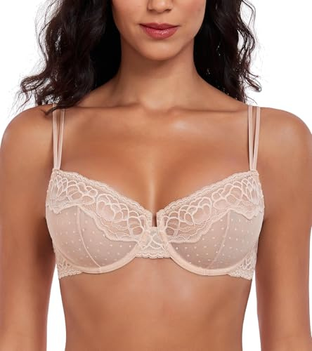 Lemorosy Sujetador Balconette Push up para Mujer Encaje Sexy Flores con Aros (Beige,90E)