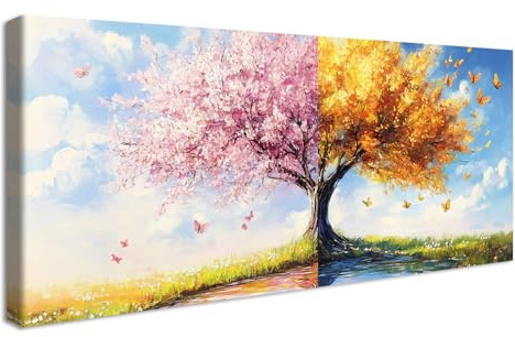 Marco de Madera Grandes Cuadros Decoracion Salon Lienzo Decorativo Árbol de la Vida Otoño Amarillo Pintura Mariposas Rosa Cerezo Árbol Cuadros Decorativos Salon Dormitorio Decoracion Pared 50x120cm