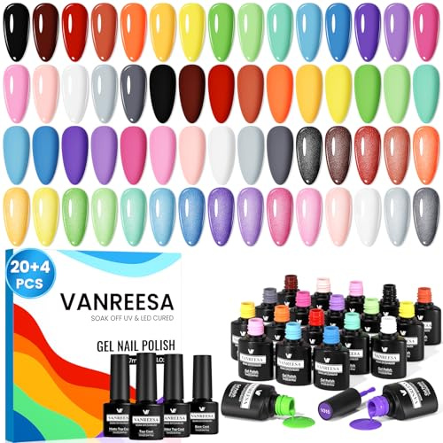 VANREESA U V Nagellack Set, 20+4 Pcs U V Nagellack Rosa Blau Violett Gel Nägel Set mit Unterlack und Überlack Soak off Gel Nail Polish Geschenk für Frauen