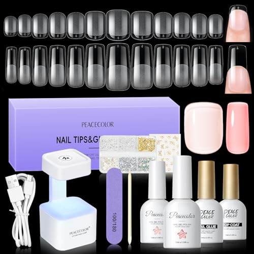 PEACECOLOR Capsule Americaine Ongle, 240 Faux Ongles Carré Court & Carré Moyen avec Mini Lampe UV, Nude Rose Vernis à Ongles, Colle Faux Ongles und Top Coat, Kit Manucure Cadeau