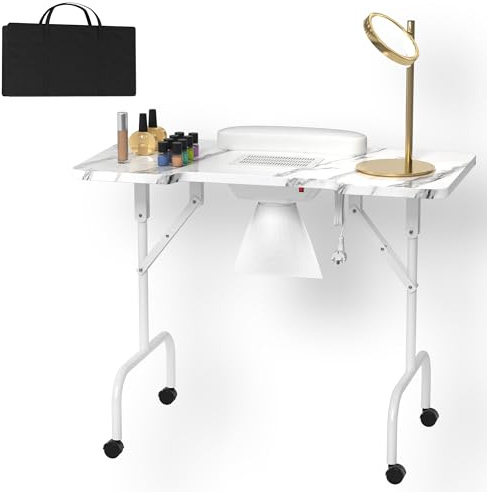 Suusolny Table de manucure pliable avec aspiration - Table à ongles portable avec 4 roues et sac de transport et repose-poignet - Table de manucure mobile pour les maisons, les salons de beauté, les