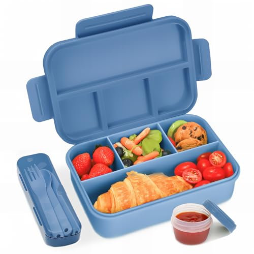 Bugucat Fiambrera Lunch Box 1300ML, Bento Box Fiambrera Infantil con 4 Compartimentos y Cubiertos, Loncheras Hermetico Fiambreras para Adultos Niños, Loncheras Ideal Para,Picnic,Trabajo,Azul oscuro