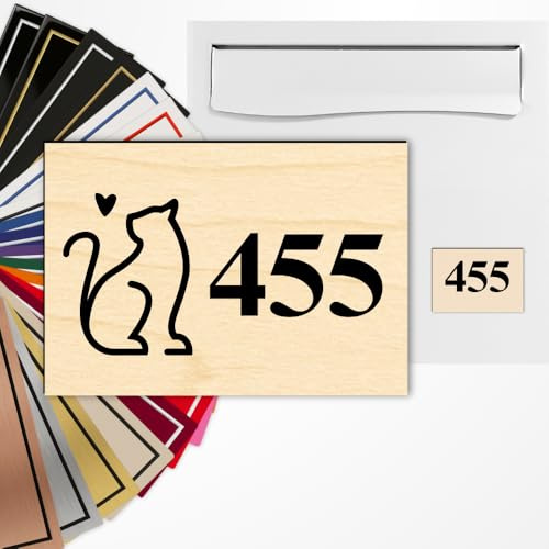 Numéro de Boîte aux Lettres Personnalisé Motif Bois clair/Noir | Gravure laser, PVC anti-UV, 3 formats, 40 motifs au choix, pose adhésive sans perçage, lisible à distance