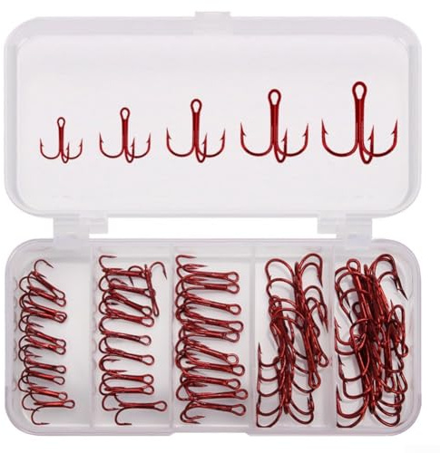 Eawfgtuw Lot de 50 hameçons triples en acier au carbone avec motif barbelé pour la pêche en mer et en eau douce, comprend des tailles 2#/4#/6#/8#/10# dans une boîte de rangement réutilisable