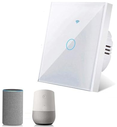 Smart Touch ljusströmbrytare, Wi-Fi strömbrytare med glaspanel, röststyrning för Alexa, kompatibel med Smart Life och Tuya App, Single 1-vägs vit