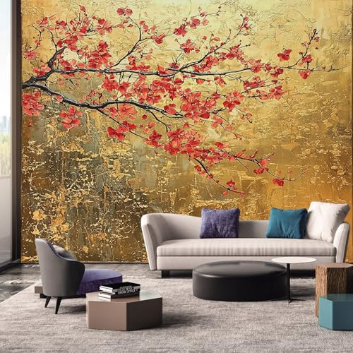 Japanese Wallpaper, Red Gold Branch Floral Wallpaper Murals, Japanese Room Decor Wall Art for Bedroom Kitchen Living Room 315L x 215W cm