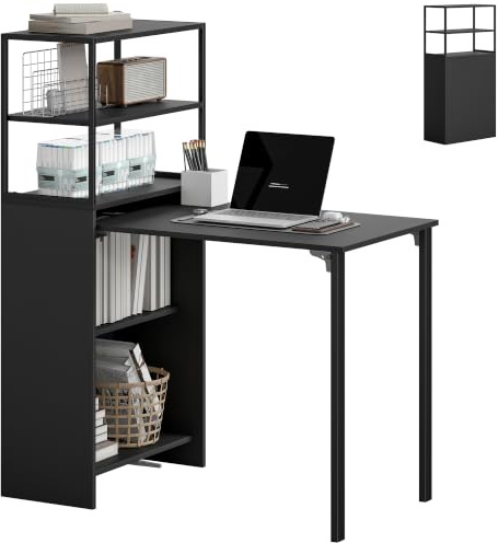 HOMCOM Folding Computer Desk with 4-Tier Bookshelf Study Table, Black | Space-Saving Multifunctional Small Office Desk, 2-in-1 Compact Industrial, Metal Frame, for Small Spaces, Home Office