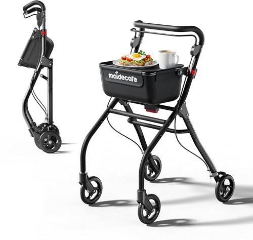 Indoor Rollator Walker, Lightweight Rollator with Tray for Home, Walking Aid for Senior Disabled, 4 Wheel Mobility Walker, Storage Basket, Adjustable Height, Braking System, Aluminium, Black