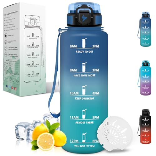 Motswedi Botella agua 1.5 litro, a Prueba de Fugas, Botella de agua Deportiva, Reutilizable, Cantimplora, con Filtro, con Marcador de Tiempo, para Gym, Bicicleta, Yoga el Camping, Azul & Verde