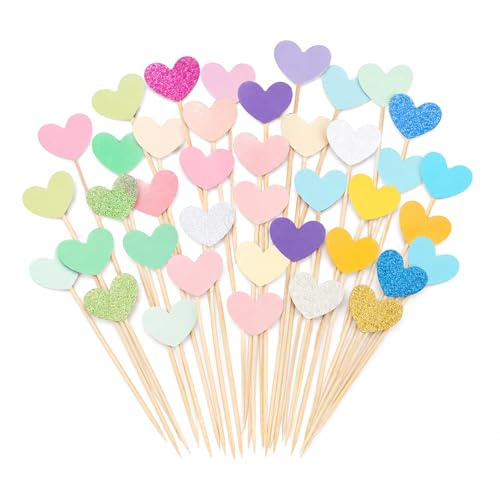 Gleevio 50 Stück Bunt Herz Tortendeko Hochzeit, Glitzer Happy Birthday Cupcake Topper, Klein Herz Kuchen Deko Geburtstag 2,4x8,8cm, Geburtstag Muffin Deko für Torte Obst Desserts Käse Schokolade