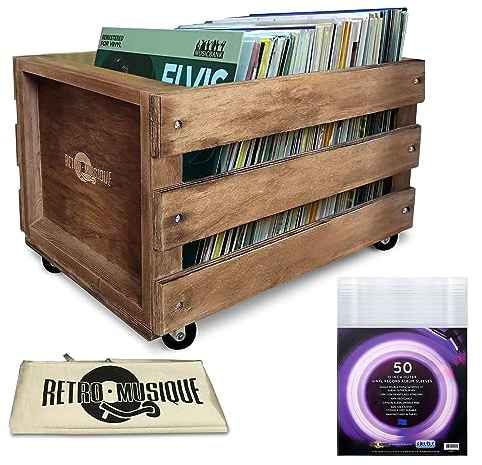 Retro Musique Wooden 12 LP Vinyl Record Aufbewahrungskiste auf Rädern Fasst bis zu 100 Alben (In PVC Sleeves )mit Hessian Cloth Cover beinhaltet 50 Vinyl Record Outer Sleeves(Eiche Finish)
