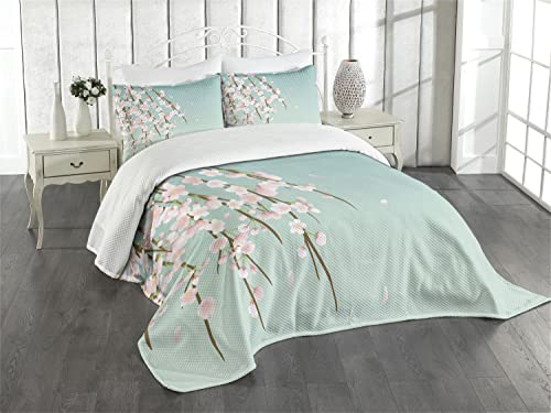 ABAKUHAUS Weeping Blume Tagesdecke Set, Kirschblüte, Set mit Kissenbezügen Sommerdecke, für Doppelbetten 220 x 220 cm,Babyblau Hellrosa und Taupe