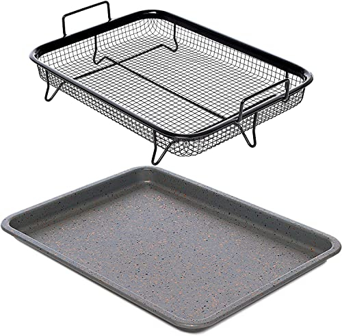 Home Icon Non-Stick Elevated Oven Grill Tray for Crispy Crisps Without Oil - Ceramic Baking Crisper Basket with Easy Cleaning - 2pc Set